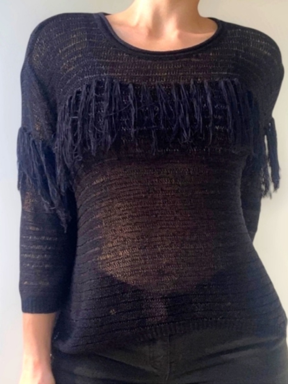 NWT Chelsea & Violet Black Fringe See-Through Knit Top Hi-Low Relaxed Fit